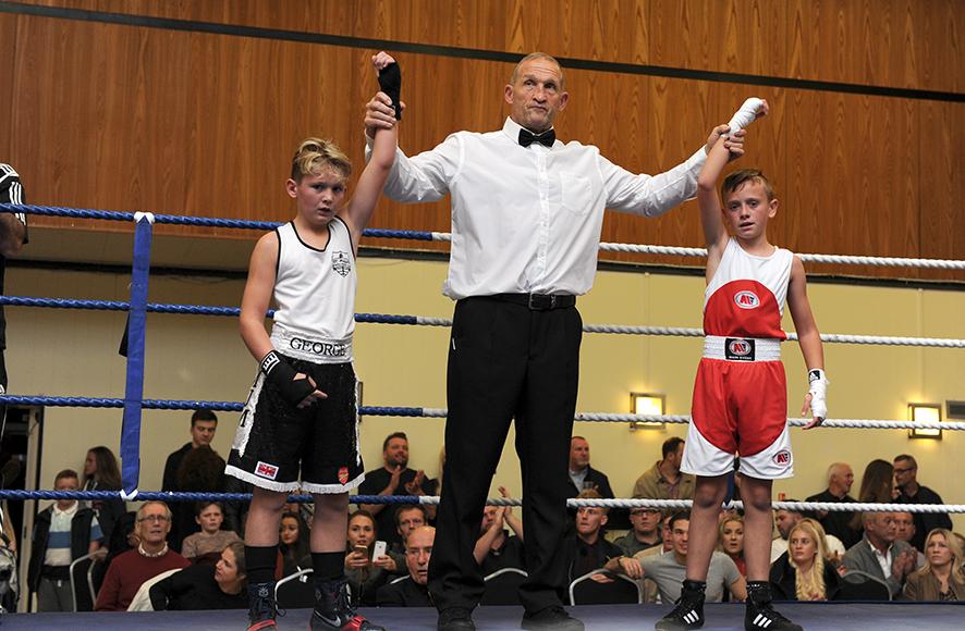 Rayleigh ABC Boxing night at Mill Hall, Rayleigh, Donnie Davis from Canvey in red v George Evans from St Mary's in blue